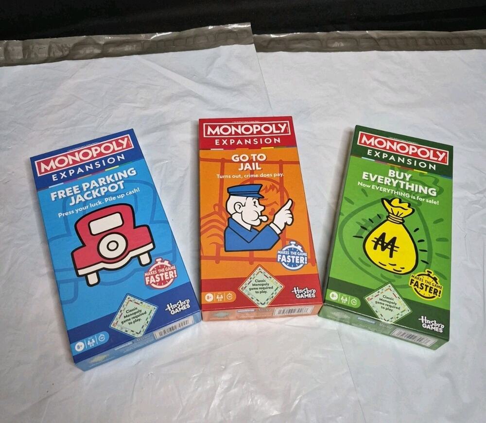 Lot Of 3 Monopoly Expansion Packs, Buy Everything, Go To Jail & Free Parking NIB